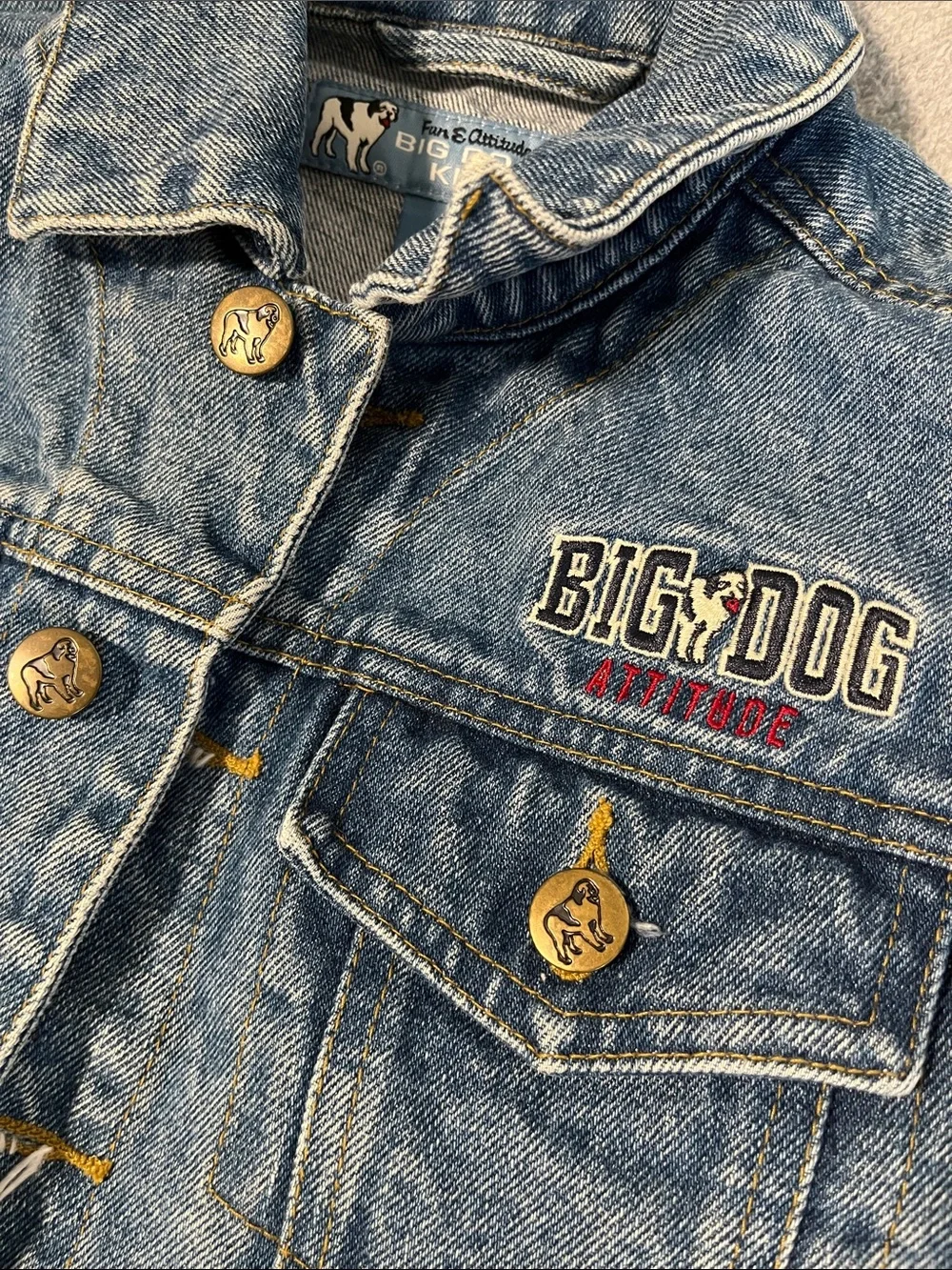 Kids Big Dog Trucker Denim Jacket Size 8 Embroidered Vintage